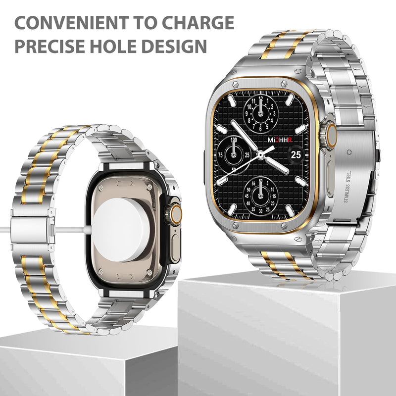 MioHHR Stainless Steel Band with Case for Apple Watch Bands Ultra 3/2/1 | Rugged Strap and Metal Protective Cover Compatible with iWatch Bands 49mm for Men Silver/Gold,Durability Silver&Gold 49mm(Ultra 3 2 1）