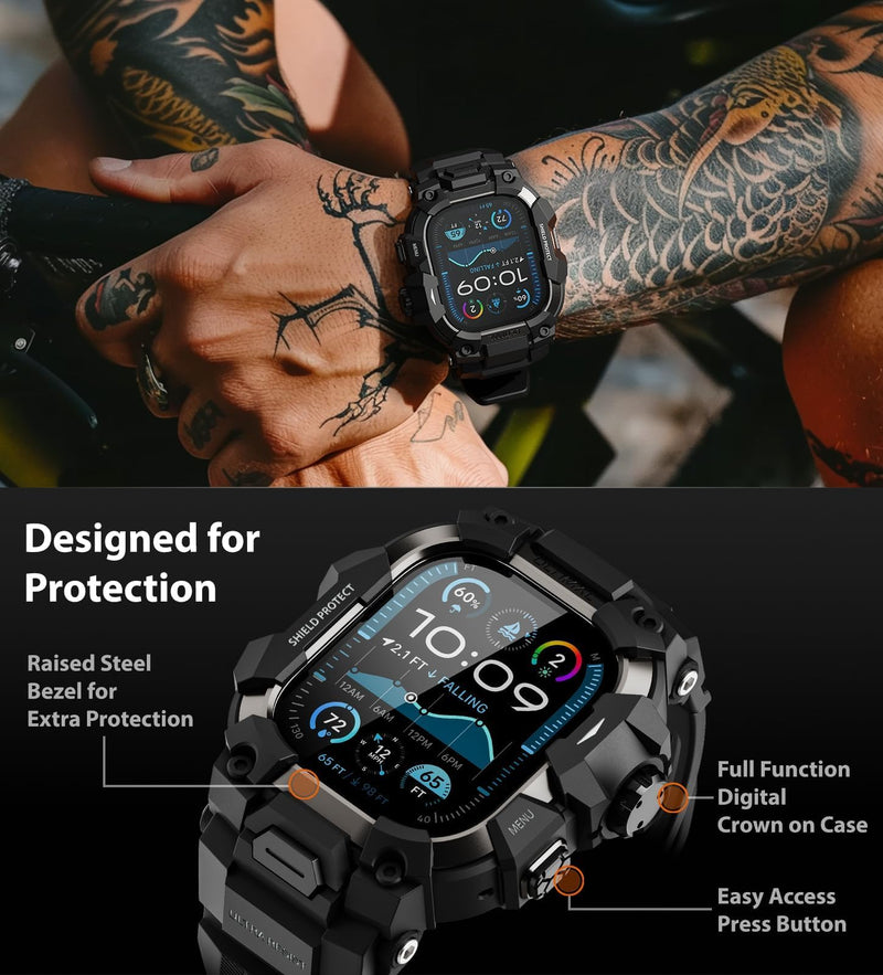 ULTIMAL Rugged Case with Band for Apple Watch 49mm,Compatible with Apple Watch Ultra 3/2/1, Military Grade Shockproof Bumper Cover for iWatch Tactical Band Men (Black, 49mm) Black