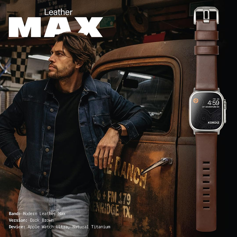 KORDIZ Modern Leather MAX Band for Apple Watch Ultra 3, Ultra 2 & Ultra (49mm) – Premium Full-Grain Leather Strap for Men, Rugged Modern Design, Stainless Steel Buckle, Comfortable Everyday Fit – 26mm Wide Leather Band ULTRA Silver 49mm | Dark Brown
