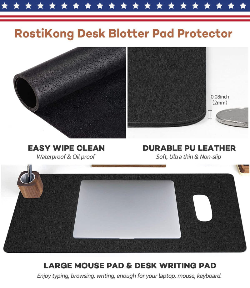 RostiKong Desk Mat Dual Use Office Desk Pad on Top of Desks PU Leather Desk Blotter Protector Computer Laptop Keyboard Writing Mouse Pad Waterproof Decorative Desk Cover Protector (16'' x 32'' Black) 16'' x 32'' Black + Black