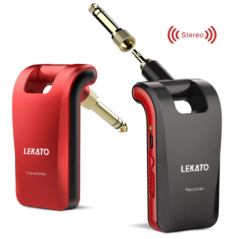 LEKATO 2.4GHz Wireless Guitar System - 6 Channels Rechargeable Wireless Transmitter & Receiver for Guitar & Bass, Stereo & Mono 1/4' & 1/8' 2 in 1 Plugs (Black & Red)