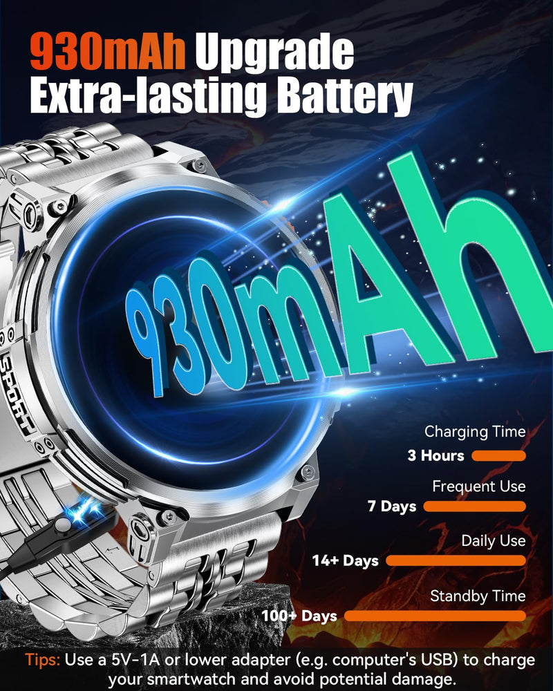Military Smart Watch for Men, Flashlight, 1.85" Big Screen, 930mAh Battery | AMOLED Display, Bluetooth Calling, 2 Bands, IP68 Waterproof, 114 Sports Modes, Fitness Tracker, Android & iPhone Compatible