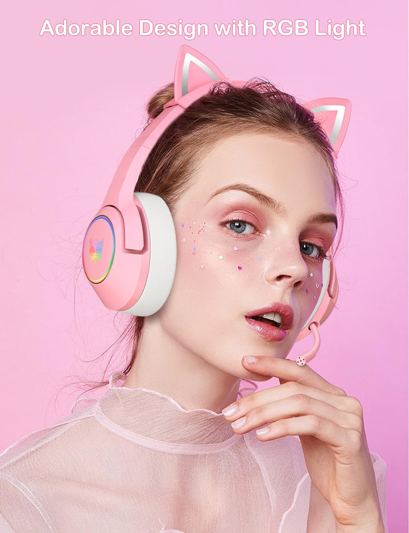 [AUSTRALIA] - PHNIXGAM Cat Ear Gaming Cute Headset, Wired Over-Ear Headphones with Retractable Microphone, Surround Sound, LED Backlight for PS4, PS5, PC, Mobile Phone (Light Pink) A Pink 3.5mm 