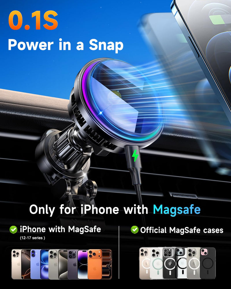 for MagSafe Car Mount Charger TEC Fan Cooling Magnetic Wireless Car Charger | Strong Magnet 15W Fast Charging Air Vent Car Phone Holder Bracket for Your Car for iPhone 17 16 15 14 13 12 Samsung & Android Black 1