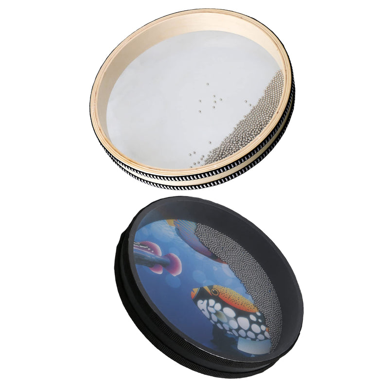 Bstinay 2pcs 10Inch Wooden Ocean Drum Hand Percussion Wave Bead Sea Sound Drum with Fish Pattern
