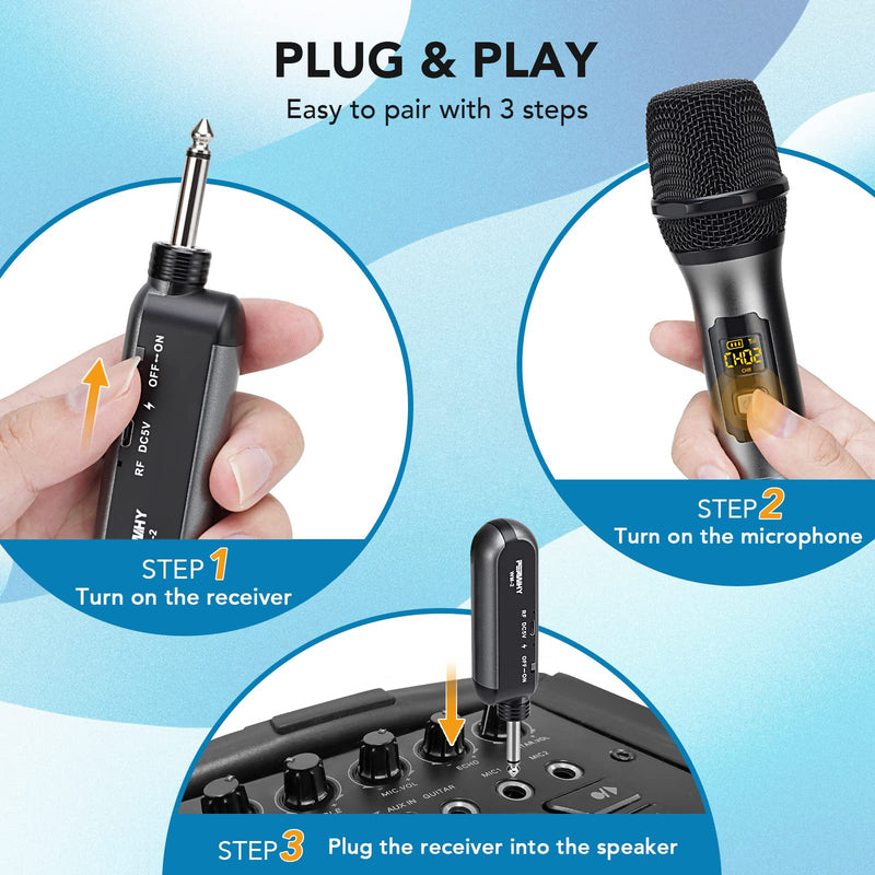 Wireless Microphone System, UHF All Metal Cordless Dual Handheld Dynamic Mic Set with Rechargeable Receiver, for Karaoke Party, Amplifier, PA System, Singing Machine, Church, Wedding, 200ft