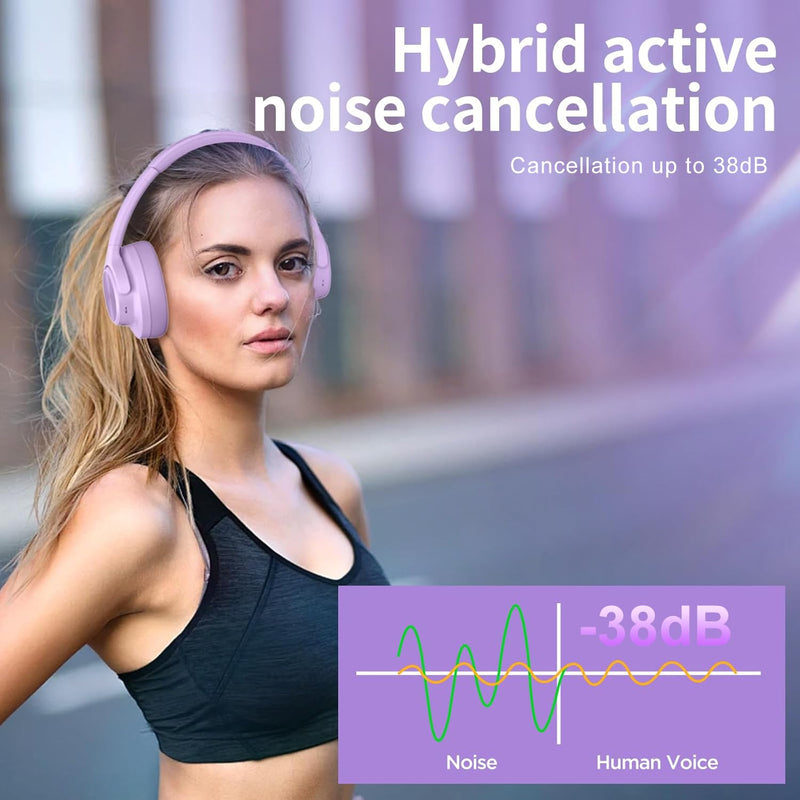 Hybrid Active Noise Cancelling Headphones 130H Wireless Over Ear Headphones | Bluetooth, Hi-Res Sound, Deep Bass, Spatial Audio, Dual Connection, Custom EQ via App, Comfortable Fit for Travel Home Office Purple