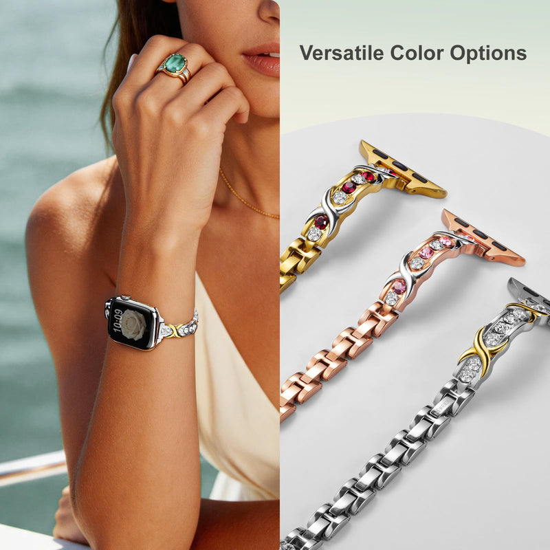 Luxury Silver Metal Band Compatible with Apple Watch Bands for Women | Stainless Steel, Chain Straps for iWatch Series 9 8 7 6 5 4 3 2 1 SE, 41mm 40mm 38mm 42mm(Series 11 10), Adjustable Retro Classic/Silver