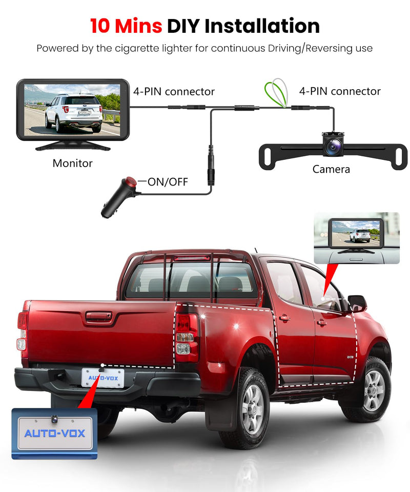 AUTO-VOX Backup Camera for Car Easy Setup Plug-Play: 4.8" 1080P No-Delay Clear Night Vision Rear View Camera, IP69K Waterproof 3X Zoom Back Up Camera Systems for Truck SUV Pickup Van