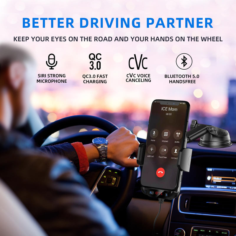 [AUSTRALIA] - Bluetooth Car Adapter 3 in 1 FM Transmitter Car Radio Bluetooth Transmitter with Phone Holder, QC3.0 Fast Charging, Strong Microphone, HiFi Bass Sound, Hands-Free Call, Support USB/TF Drive Black 
