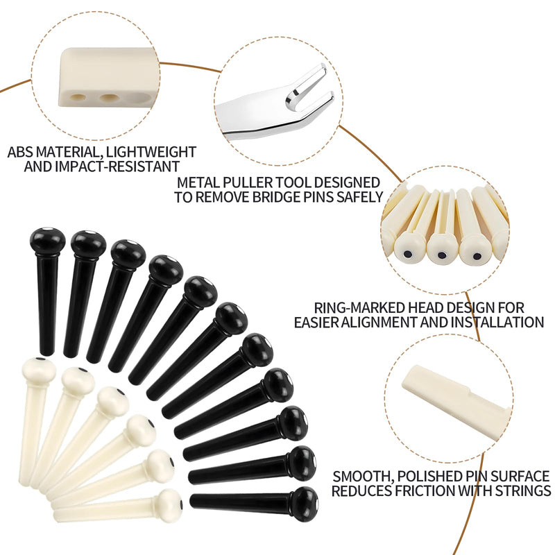 18PCS Acoustic Guitar Bridge Pins with 2 PCS Guitar Bridge Saddle Nut and 1PCS Bridge Pin Puller Remover, Guitar Parts Accessories Replacement Tools (Ivory & Black) 18pcs