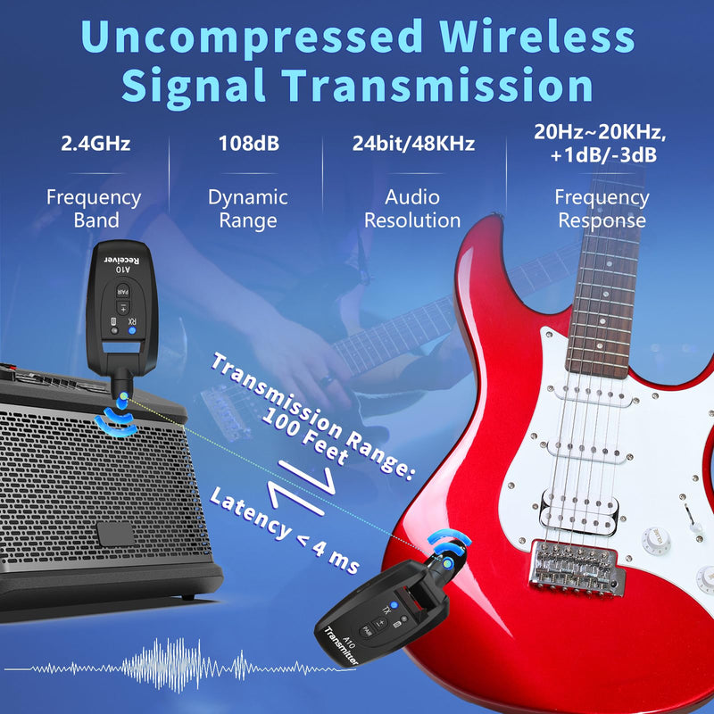 A10 Wireless Guitar System, 2.4GHz Rechargeable Transmitter Receiver, 24-bit 48KHz Audio, 100ft Range, No Latency, Plug and Play for Electric Guitar & Bass Accessories