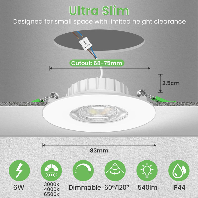 [AUSTRALIA] - ALUSSO LIGHTING LED Recessed Spotlight, 230 V, Dimmable Flat, Spotlights, 6 W, 68 mm with Removable Module, 3CCT Warm White, Natural White, Cool White, IP44 Recessed Lights, Ceiling Spotlights for Set of 6 White Fixed - 3 Cct, Hole Size Diameter 68-75 Mm 