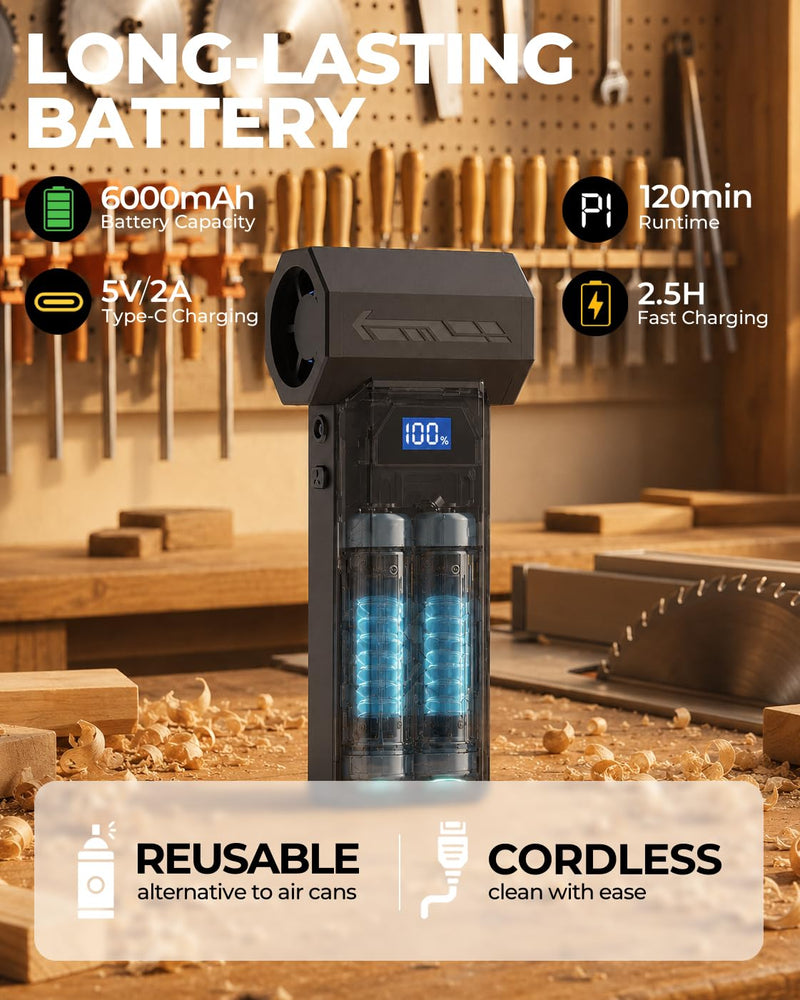 Electric Compressed Air Duster Rechargeable Air Blower for PC & Electronics | 2 in 1 duster and vacuum, 150000 RPM, 4 speeds, 6000mAh, LED display, built-in light, 6 nozzles, for Computer, Keyboard, Car