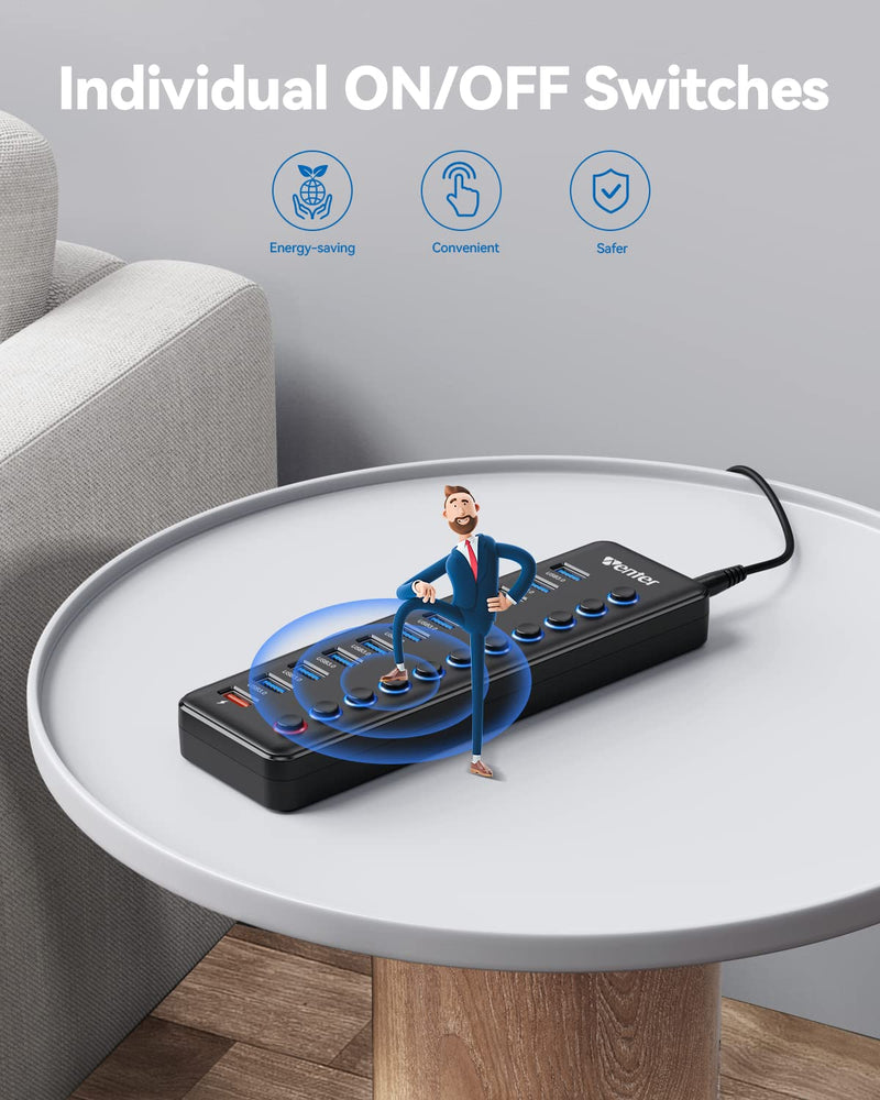Powered USB Hub, Wenter 11-Port USB Splitter Hub (10 Faster Data Transfer Ports+ 1 Smart Charging Port) with Individual LED On/Off Switches, USB Hub 3.0 Powered with Power Adapter for Mac, PC 10 USB 3.0 ports + 1 Charging port