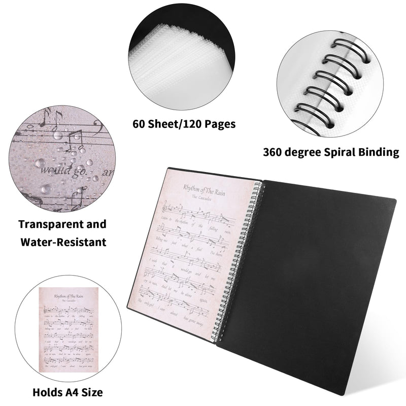 120Pages Sheet Music Folder A4, Spiral Binder Music File Folder, 8.5x11 inch Paper Documents Storage Holder Bag, Blank Plastic Concert Choral Folder