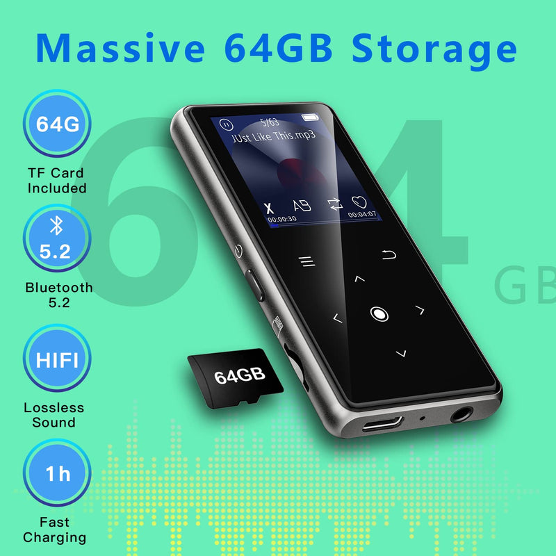 [AUSTRALIA] - 64GB MP3 Player with Bluetooth 5.2, AiMoonsa Music Player with Built-in HD Speaker, FM Radio, Voice Recorder, HiFi Sound, E-Book, Earphones Included Black - 64GB 