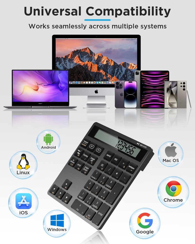 Rechargeable Wireless Number Pad for Laptop, 34 Keys Numeric Keypad with Dual Bluetooth & Display, 2-in-1 Numpad and Calculator, Slim Portable Number Pad Keyboard for Windows, Mac, PC, Tablet Bluetooth - Black