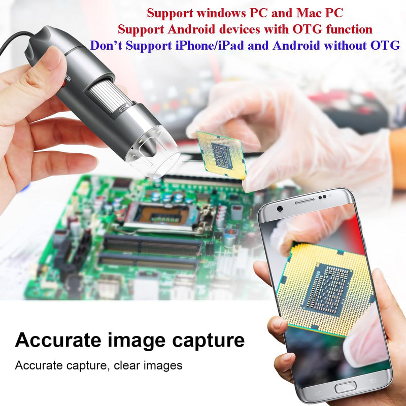 USB Microscope Camera with Stand & Carrying Case, Cainda Digital Microscope Compatible with Android Windows Linux Mac, Portable Magnifier Camera for Kids Students Adults(Not for iPhone/iPad) Gray