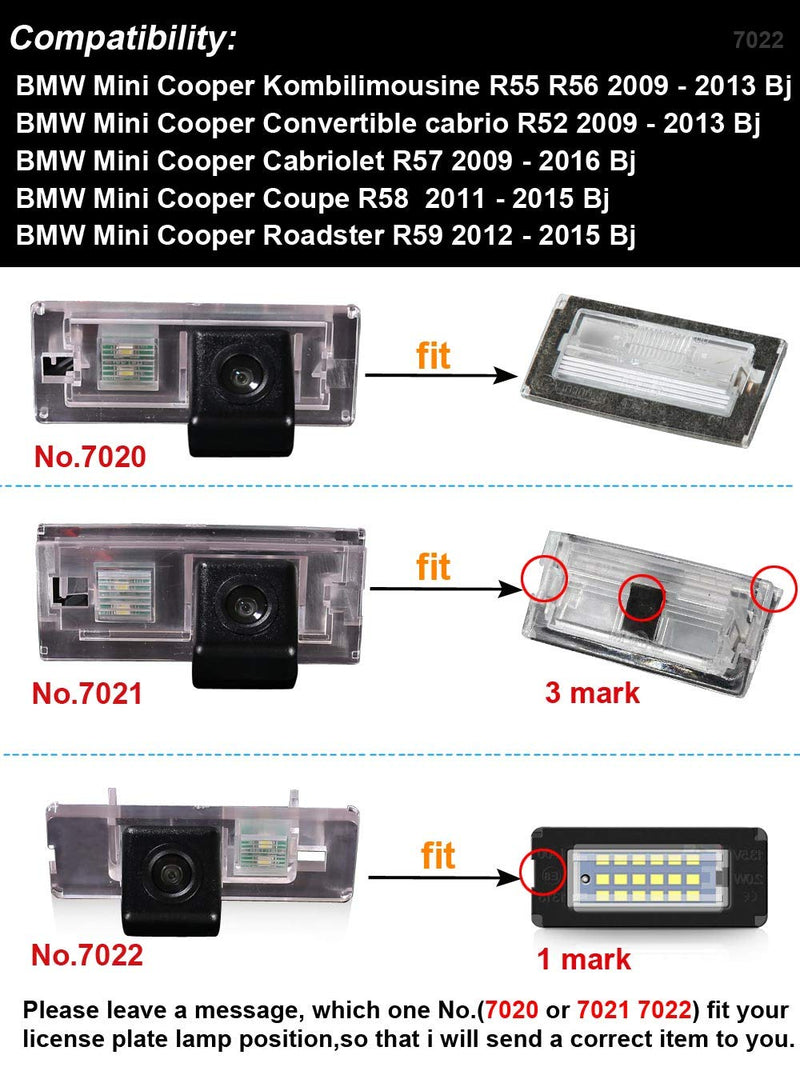 Waterproof Car Rear View Backup License Plate Light Camera Night Vision for BMW Mini Cooper Kombilimousine R55 R56/Convertible Cabrio R52/Cabriolet R57/Coupe R58/Roadster R59 7022=73*31mm
