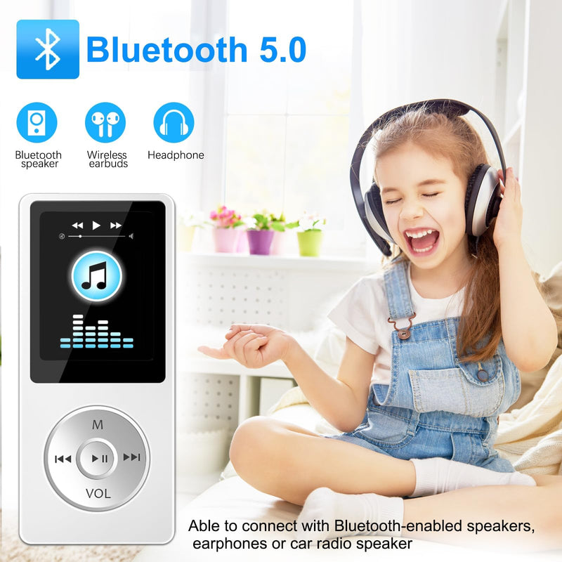 [AUSTRALIA] - Aigital MP3 Player with Bluetooth and 32GB TF Card, HiFi Music Player with Built-in Speaker and Earphones, Multifunctional MP3 Players with FM/Recording/E-Book/Video,Silver White 