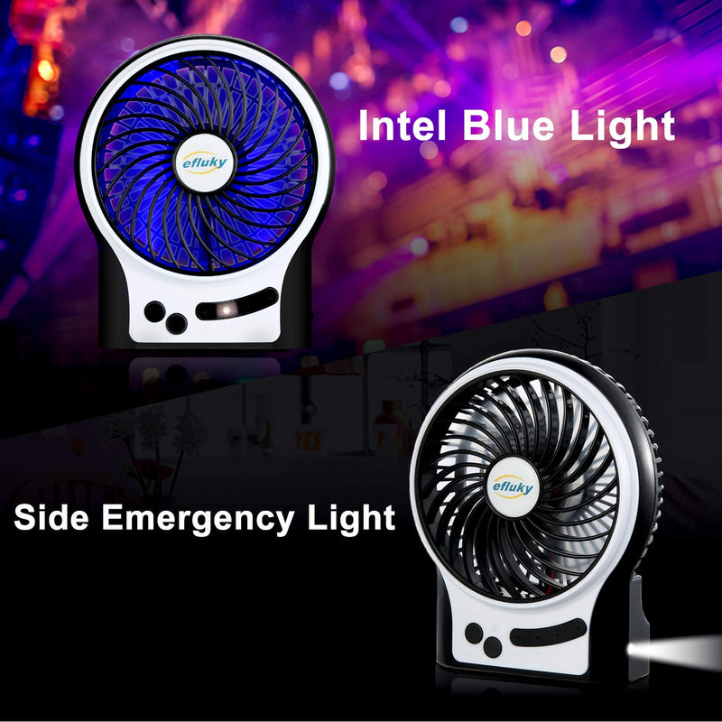 efluky 3 Speeds Mini Desk Fan, Rechargeable Battery Operated Fan with LED Light and 2200mAh Battery, Portable USB Fan Quiet for Home, Office, Travel, Camping, Outdoor, Indoor Fan, 4.9-Inch, Black