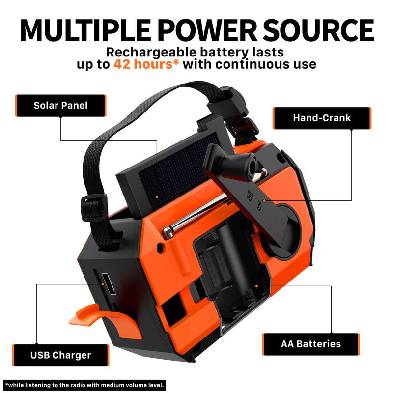 FosPower Emergency Weather Radio (Model A6) NOAA/AM/FM with 19240mWh Portable Power Bank, USB/Solar/Hand Crank Charging, Battery Operated, SOS Alarm & Flashlight for Indoor/Outdoor Emergency - Orange