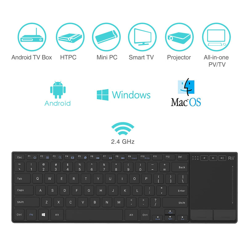 Rii K22 Ultra Slim 2.4 Gigahertz Mini Wireless Multimedia Keyboard with Touchpad for PC and Laptop