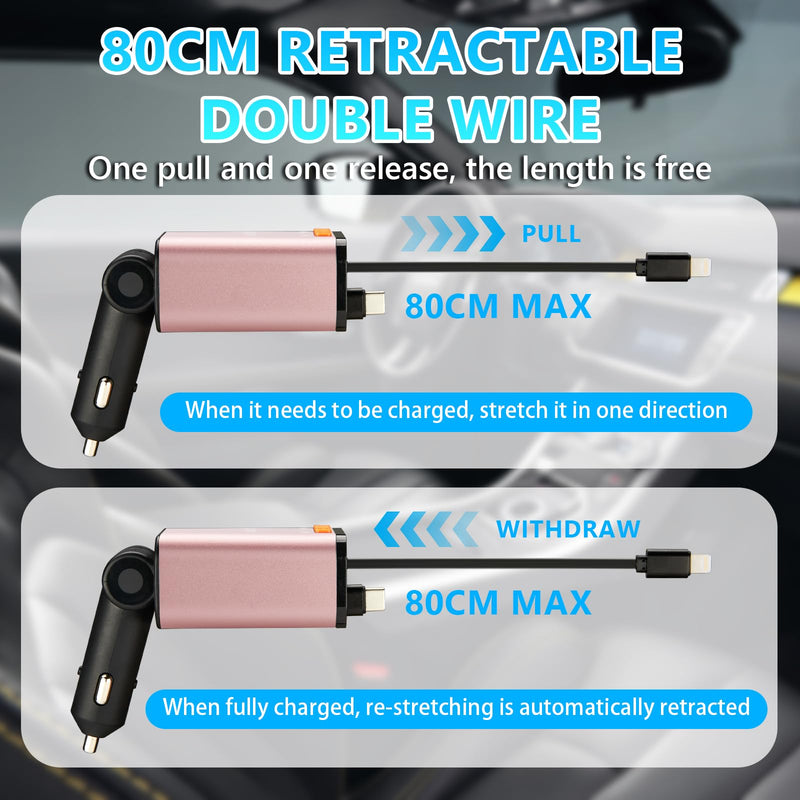 Retractable Car Charger,5 in 1 Fast Cars Phone Charger 60w,Bluetooth 5.3 FM Transmitter Adapter,Handsfree Call,MP3 Player,2 Retractable Cables and USB Chargers, for Phone,Galaxy,Pixel (Pink) Pink