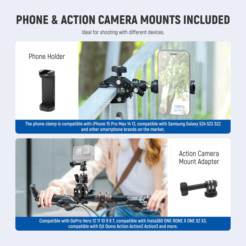 Neewer Super Clamp with Ballhead, Cold Shoe, Phone Holder and Action Camera Mount Adapter for Flat/Round Surface Compatible with GoPro DJI iPhone 15 Pro Max, ST87
