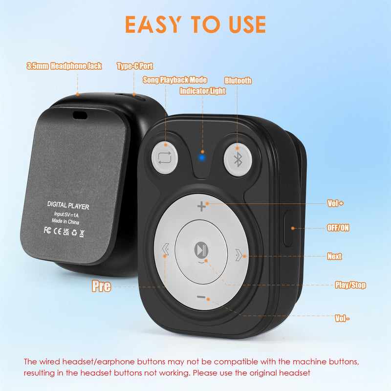 64GB Clip MP3 Player with Bluetooth 5.3: 15 Hrs Battery Mini Music Player, Earphones Included, 1000+ Songs Storage, No Phone Needed, Portable MP3 Players for Kids, Sports, Reading, Learning, Meetings 64GB Black