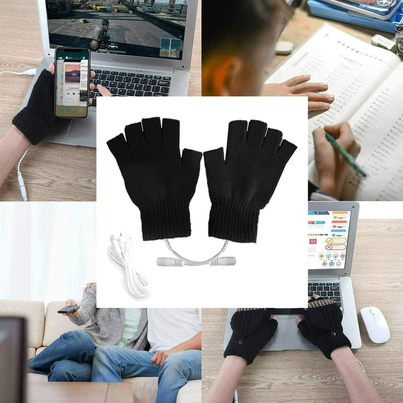 Kbinter USB 2.0 Powered Heating Pattern Knitting Cute Heated Gloves Fingerless Hands Warmer Mittens Laptop Computer 5.0V Warm Gloves for Women Men Girls Boys (Black)
