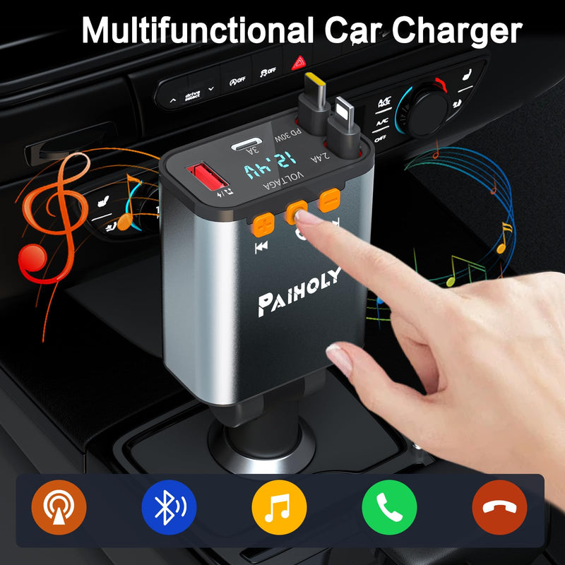 [AUSTRALIA] - Bluetooth 5.3 Car Adapter, FM Transmitter Bluetooth Car Charger, 4 in 1 Retractable Car Charger, Phone USB C PD Fast Charging Adapter for RV SUV Truck, Fit iPhone 17/16/15/14 (Type C & Lightning) Grey 