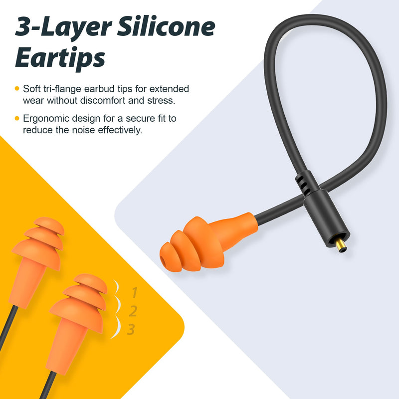 MIPEACE Bluetooth Earplug Headphones with 2 Replacement Earbuds Cables (Black & Orange) 29dB Noise Reduction Safety, Neckband Design, 19+ Hour Battery, Includes for Lawn Mowing, DIY, and Work
