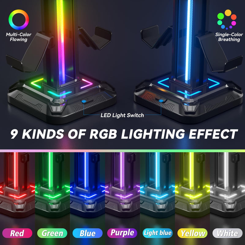 [AUSTRALIA] - KDD RGB Headset Stand with 9 Light Modes - Controller Holder for Desk - Rotatable Headphone Stand & Detachable Controller Hook for PC Earphone Accessories(Black) Black 