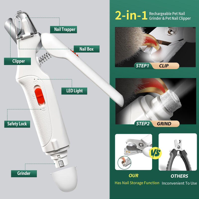 [AUSTRALIA] - CATPICK 2-in-1 Cat Nail Clippers & Dog Nail Clippers Trimmers for Large Medium Small Dogs Cats Claw Trimmer Quick Sensor and Safety Guard USB Rechargeable with 2 LED Lights Dogs Nail Trimmer White 6th Generation 