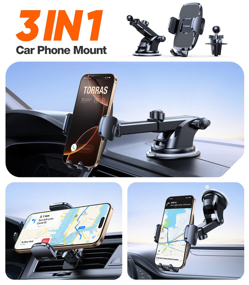TORRAS Ultra-Durable Phone Holders for Your Car【96+LBS Strongest Suction】 Car Phone Holder Mount, Safety Certs Cell Phone Car Mount Truck for Dashboard Windshield Vent for iPhone 17 16 15 14 Pro Max Black