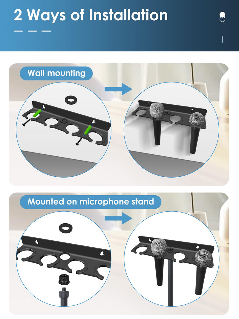 [AUSTRALIA] - Multi Microphone Holder (Aluminum) for Handheld Dynamic, Wired and Wireless Mics, Multiple Mic Organizer for Mic Stand, Rubber Padding/Wall Mounted or Mounted to 5/8"-27 or 3/8"-16 Threaded Stands Up to 4 Mics 