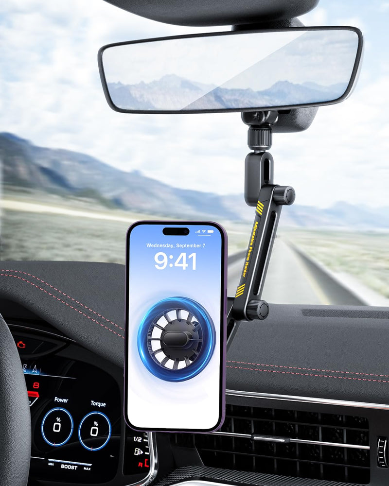 Magnetic Phone Holder for Car, Rear View Mirror Phone Holder Car Mount Magsafe 360 Adjustable with Metal Body, Aluminum Alloy Rearview Cellphone Stand Fit for iPhone 16 15 14 13 12 Series