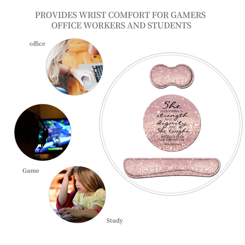 Keyboard Wrist Rest and Mouse Pad Wrist Rest Set with Coasters, Memory Foam, Easy Typing Pain Relief, 4Pcs Keyboard Mouse Pad Set for Computer, Laptop, Home & Office, Bible Verse Proverbs 31:25