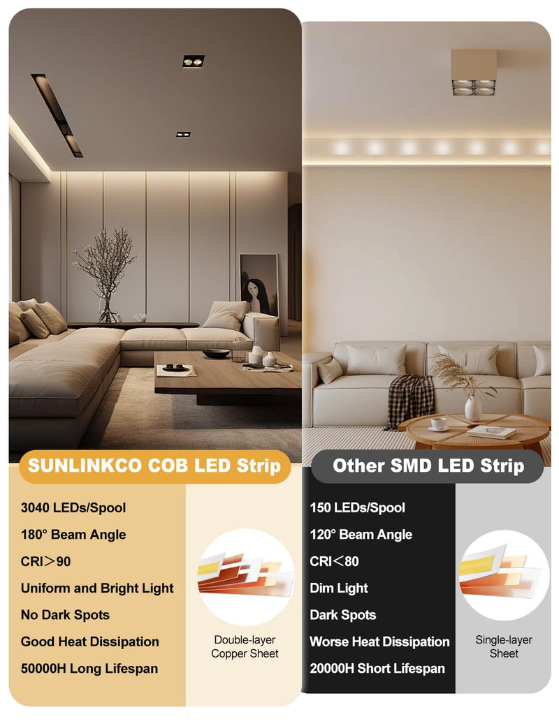 [AUSTRALIA] - COB LED Strip Light 16.4ft, Dimmable 2300K-6500K White CCT Tunable, DC 24V Cuttable LED Tape Light, High Density 3040 LED 36W CRI 90, APP Remote Control, Music Mode, For Home DIY, Living Room, Bedroom 