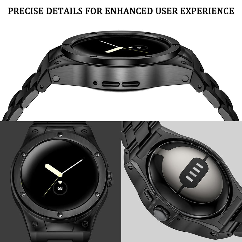 MioHHR Compatible with Google Pixel Watch 1 2 3(41mm) Bands with Case Men | Rugged Stainless Steel Protective Bumper Cover with Bands for Google Pixel 2/1, Pixel 3 41mm, Black (NOT Fits Pixel 4) 41mm Google Pixel Watch 1/2/3