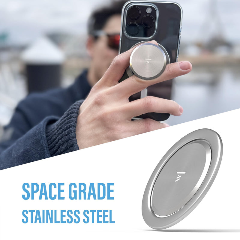 Ultra Thin Phone Grip: Space Grade Steel, Poppable, Standable, Removable for Wireless Charging. MagSafe® Compatible. Mobile Accessory for iPhone 12, 13, 14, 15.… Brushed Steel