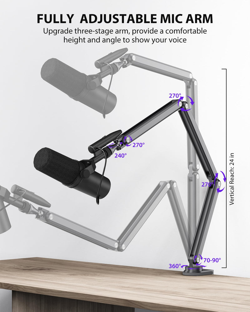 KU XIU Aluminum Alloy Boom Arm Microphone Stand for Desk, Three-Section Adjustable Mic Arm Mount with Cable Management Channels for Desktop Podcasting, Recording, Streaming, Gaming, Home Office-Gray