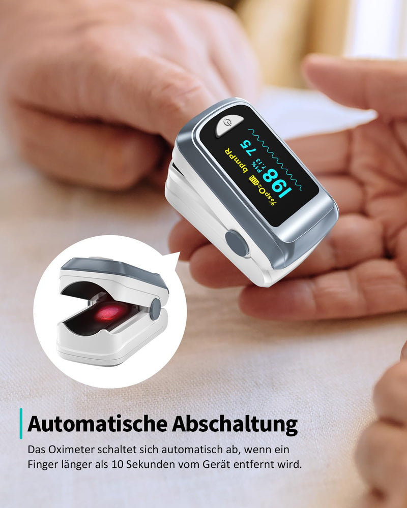 HealthTree Blood Oxygen Saturation Monitor and Heart Rate Monitor for Apple and Android with OLED Screen Included, 2 AAA Batteries and Lanyard Grey