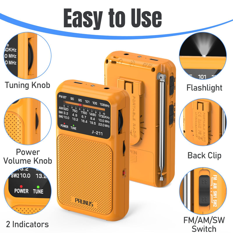 [AUSTRALIA] - PRUNUS J-211 Portable Radio AM FM with USB Charging and AA Battery Operated, Transistor Radio, Strong Reception& Clear Speaker, Headphone Jack, Back Clip, Lanyard, Small radios Portable AM FM Orange 