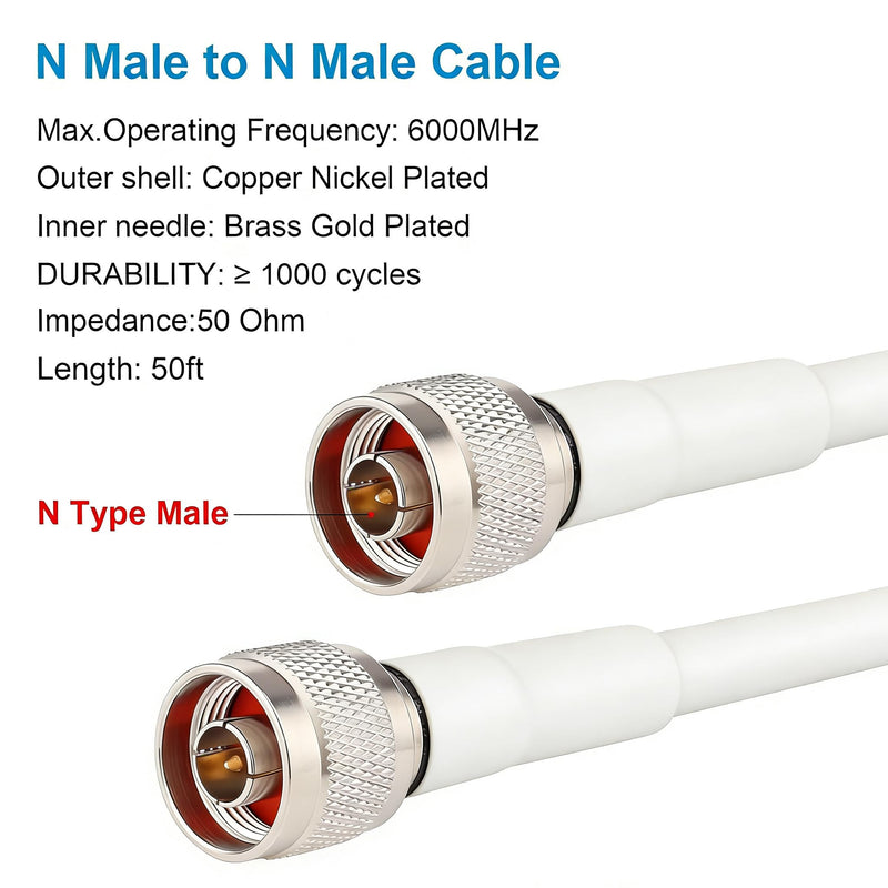 N Male to N Male Coaxial Cable 50ft - 3D-FB White | Includes N-N & N-SMA Adapters, High-Speed 50ohm Cable for Cell Phone Signal Booster, 4G LTE 5G Antenna 50FT(N-N)