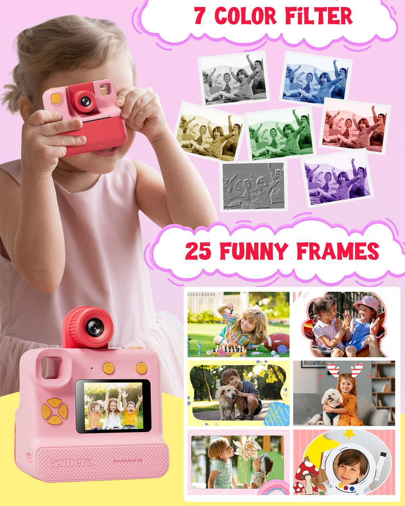 Kids Camera Instant Print, Christmas Birthday Gifts for Toddle Girls Boys Age 3-12, 20MP & 1080P Selfie Digital Camera with 3 Roll No-Ink Print Paper 32G SD Card - Pink