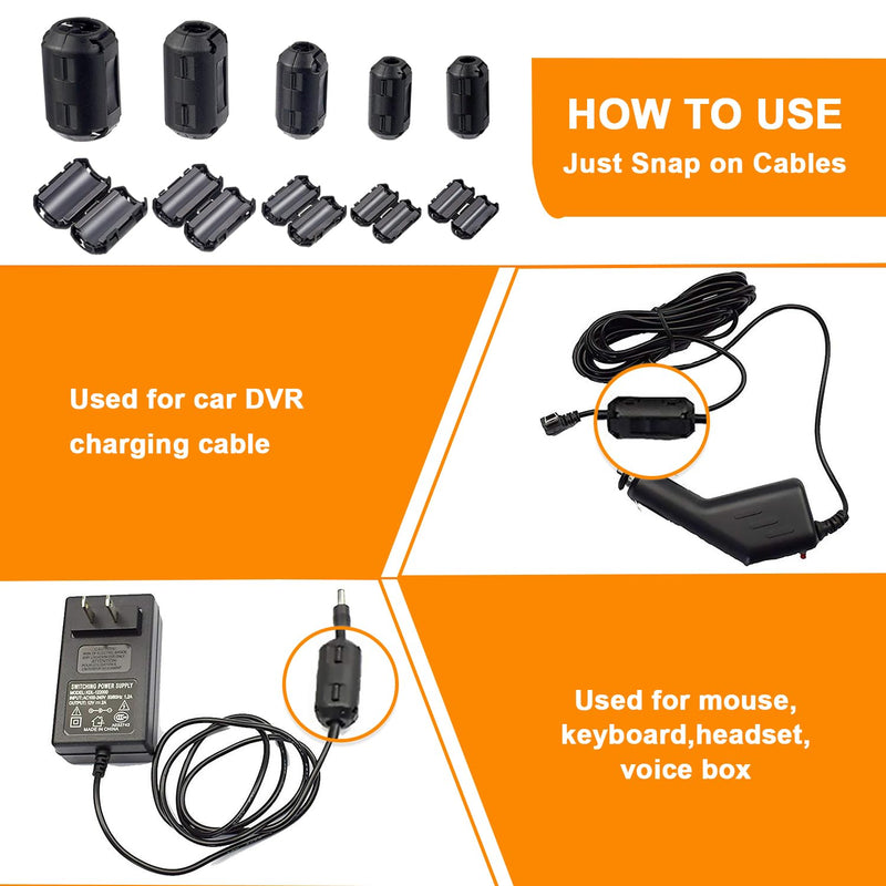 5 Values 28 Pcs Black Clip-on Ferrite Ring Core RFI EMI Noise Suppressor Cable Clip for 3.5mm 5mm 7mm 9mm 13mm Diameter Cable HR- CORE-28P