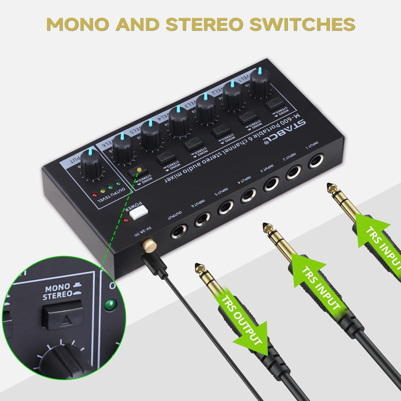 Mini 6-Channel Audio Mixer with 7 pcs 6.35mm to 3.5mm Adapter Jack, Stereo Line Mixer for Sub-Mixing, Multi-Input (Mic/Guitar/Keyboard/Bass), Powered by 5V DC